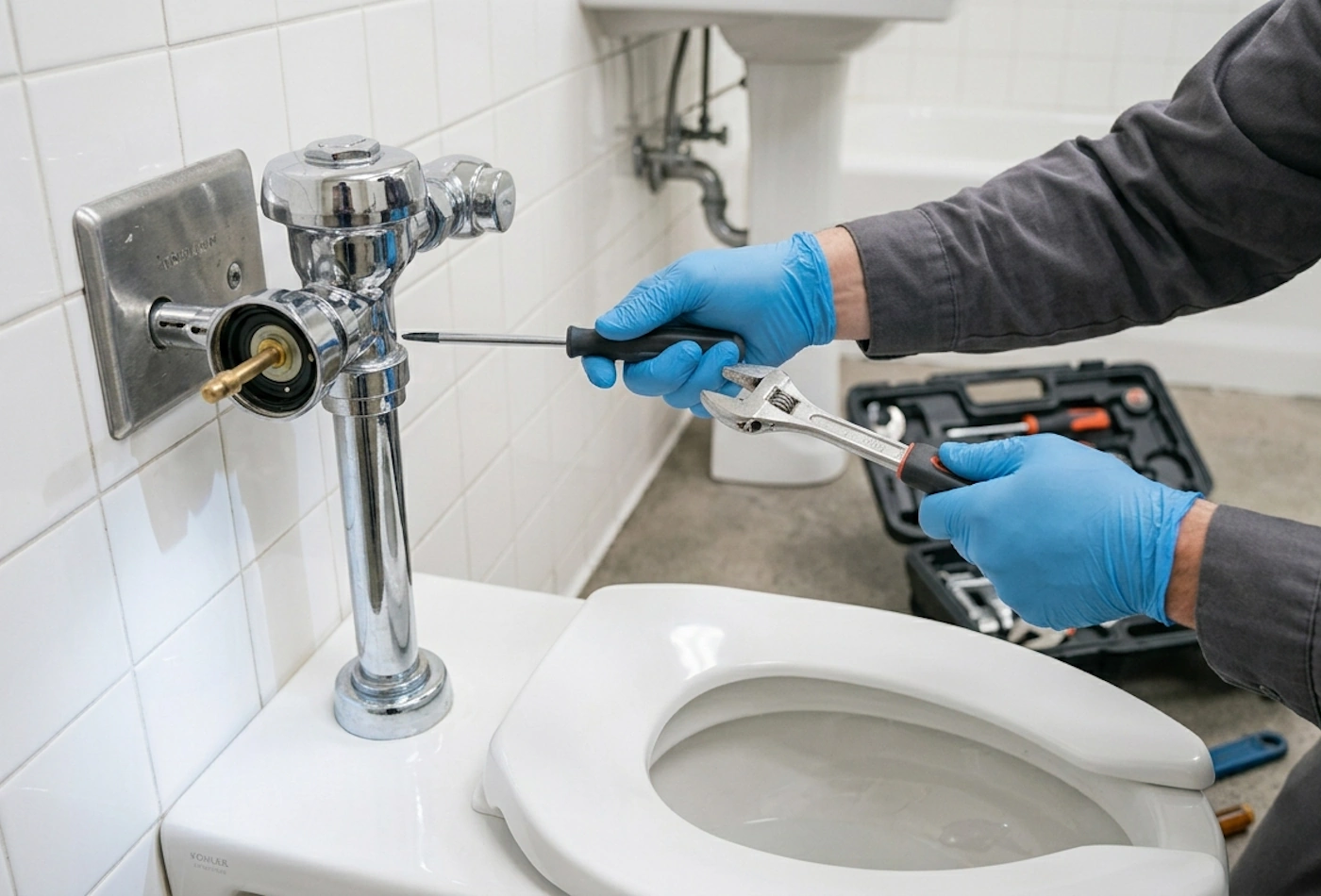 Sal Manzo plumber repairing a commercial flushometer toilet on Long Island NY
