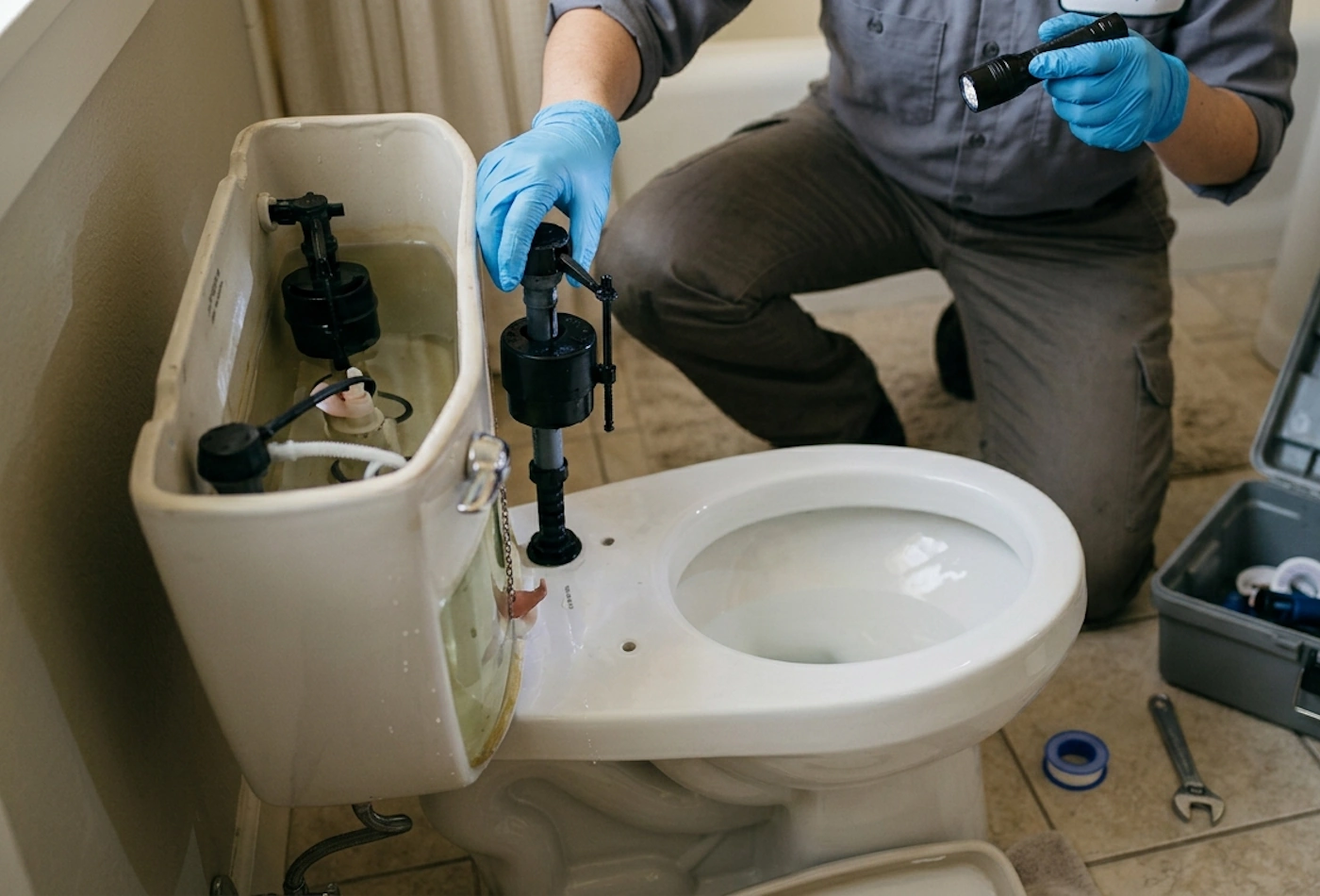 Sal Manzo plumber repairing a running or leaking toilet on Long Island NY