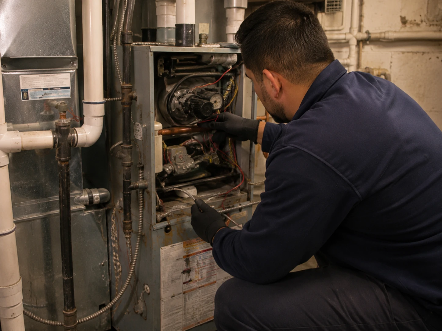 Technician repairing a residential boiler and heating system on Long Island