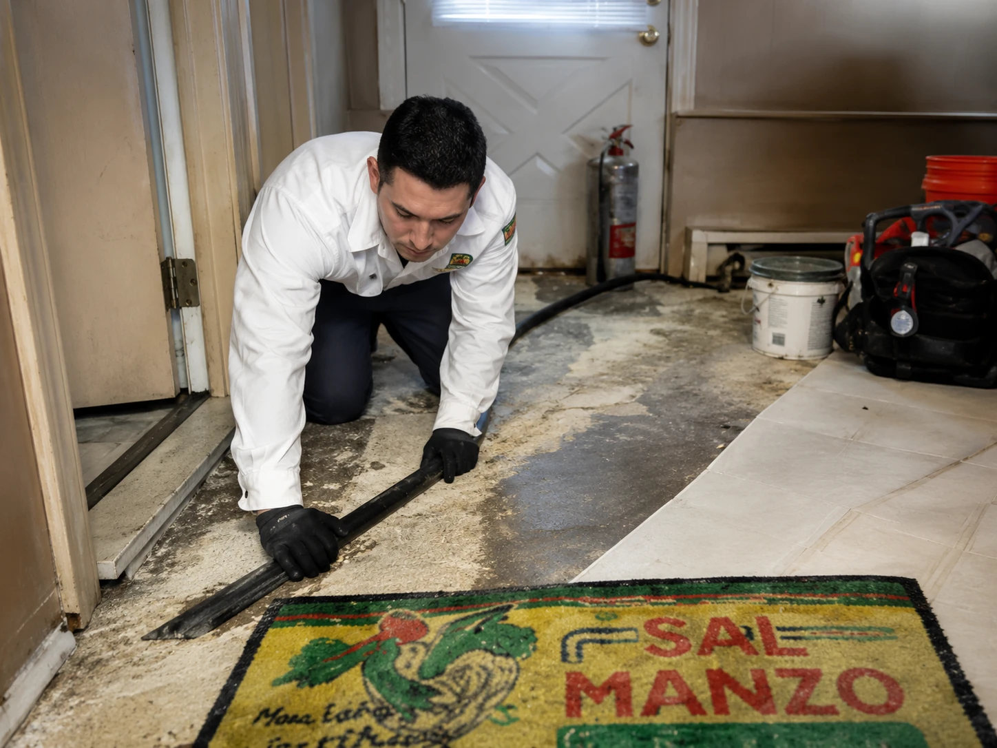 Technician performing sewer, drain, or floor-level plumbing service on Long Island